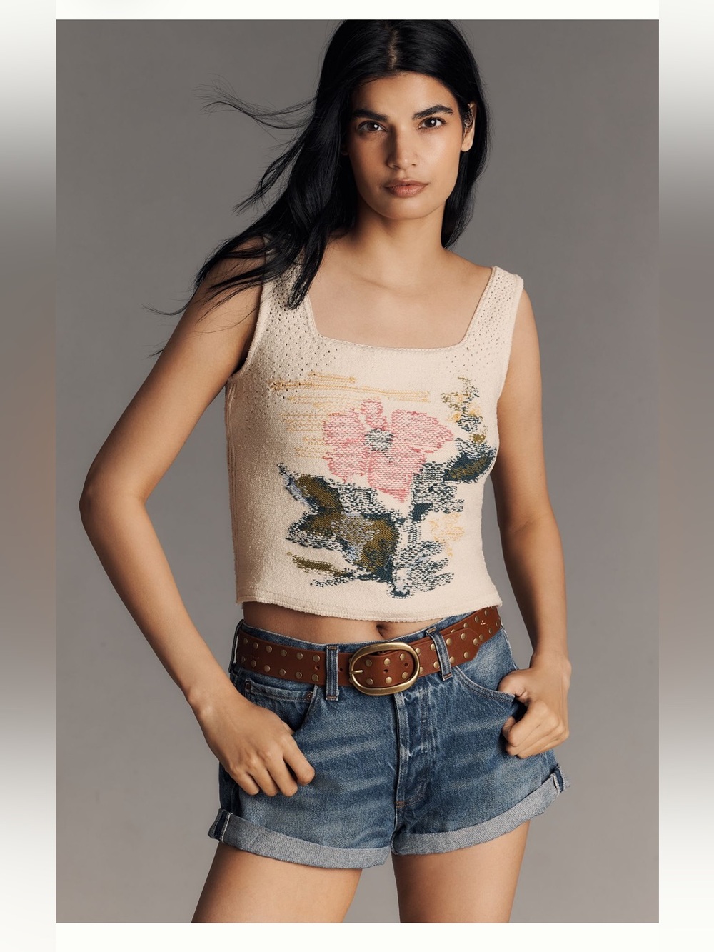 Pilcro Cream Floral Knit Tank Top with Pink and Olive Motif